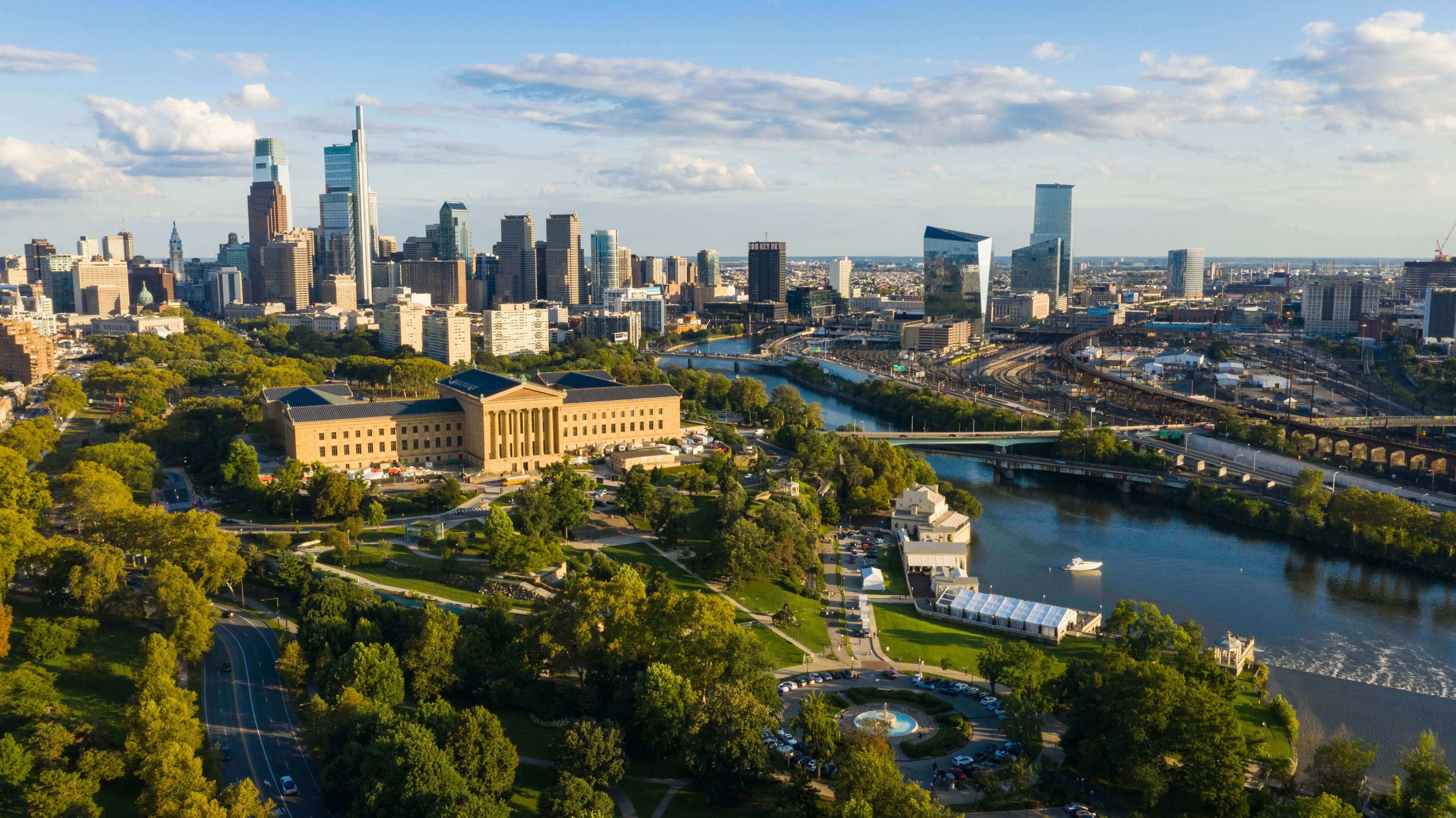 Aerial view of Philadelphia skyline near University City